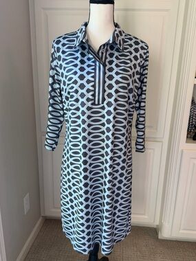 Gretchen Scott Designs Blue and White Geometric Ponte Dress
